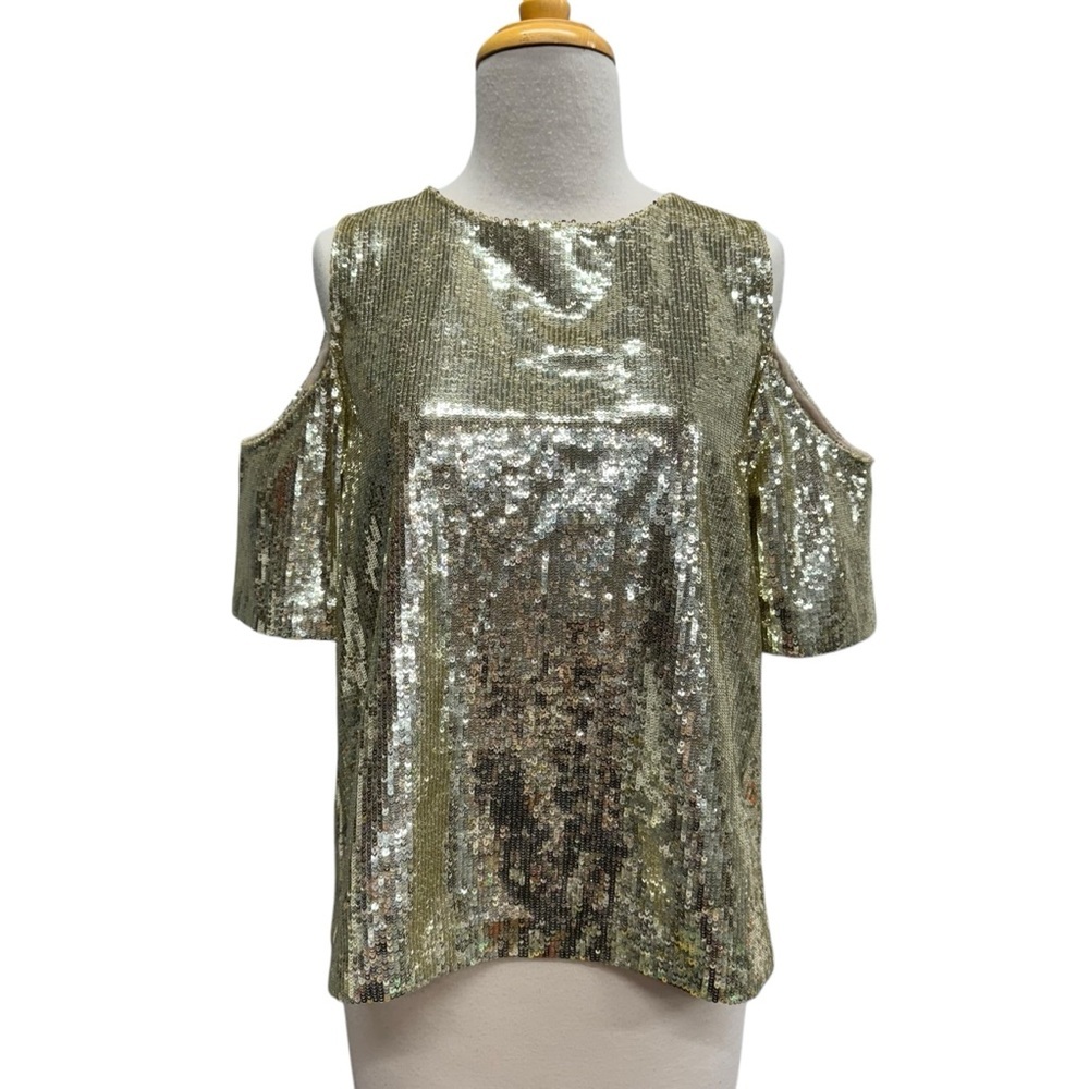 Boston Proper Sequin Top Swifty Open Shoulder  Size XS Gold Champagne Party